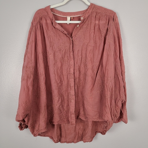 Anthropologie Tops - Anthropologie Pilcro Mauve Pink Cotton Floral Embroidered Button-up Batwing Top